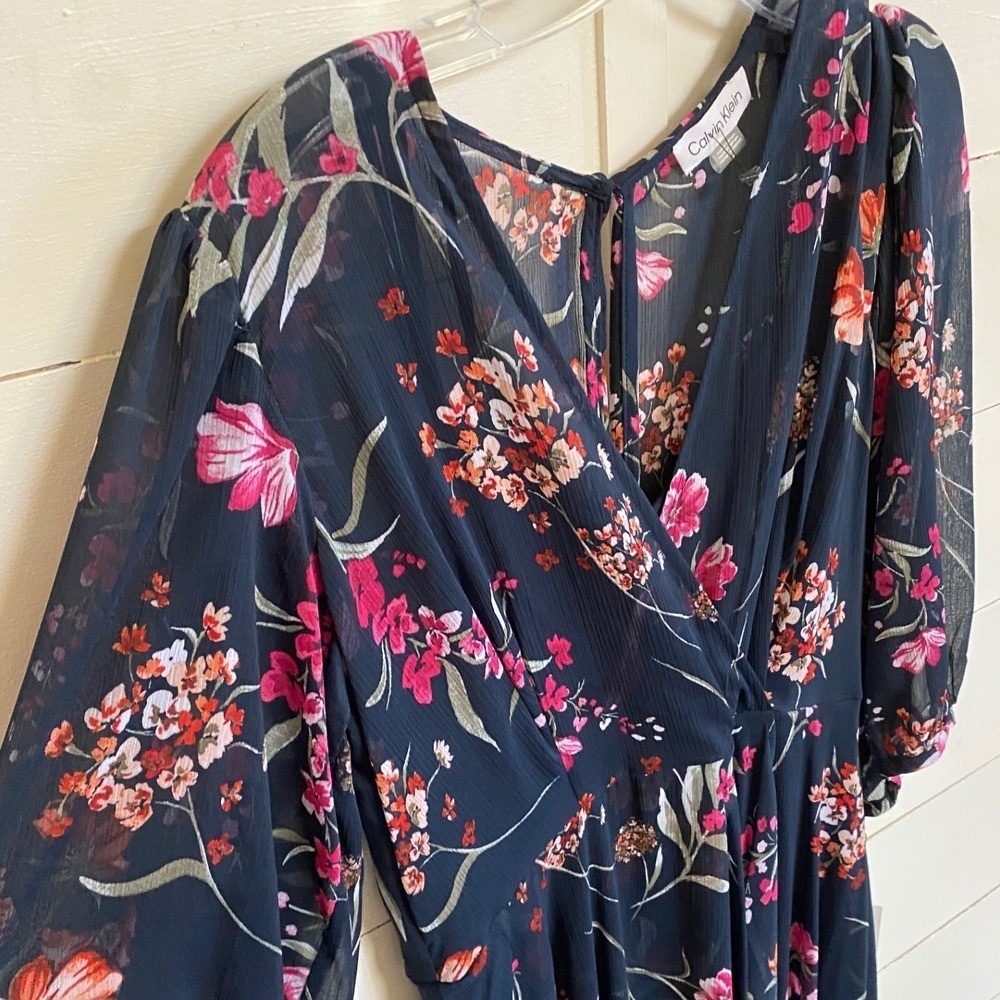 Calvin Klein Navy Blue Floral Chiffon High Low Maxi Dress 4 NWT Wedding Guest - Picture 3 of 16